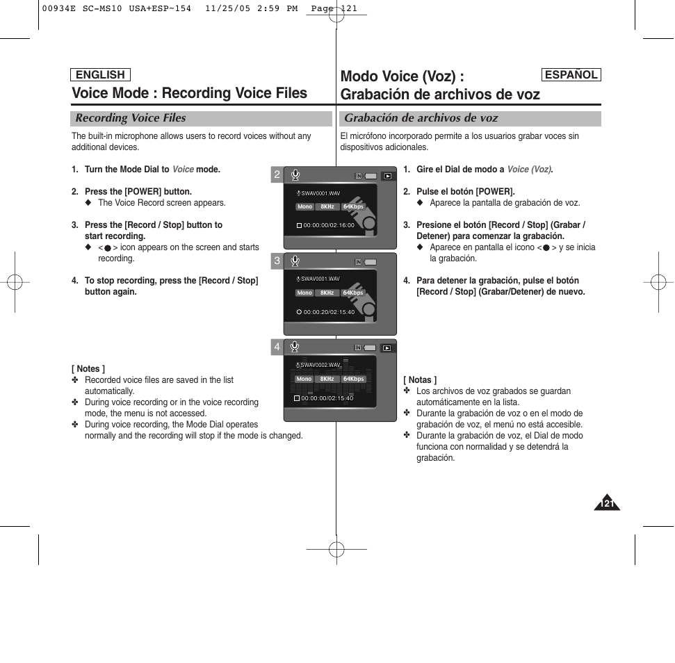 Modo voice (voz) : grabación de archivos de voz, Voice mode : recording voice files, Grabación de archivos de voz | Recording voice files, Español english | Samsung HMX-S10BN-XAC User Manual | Page 121 / 156