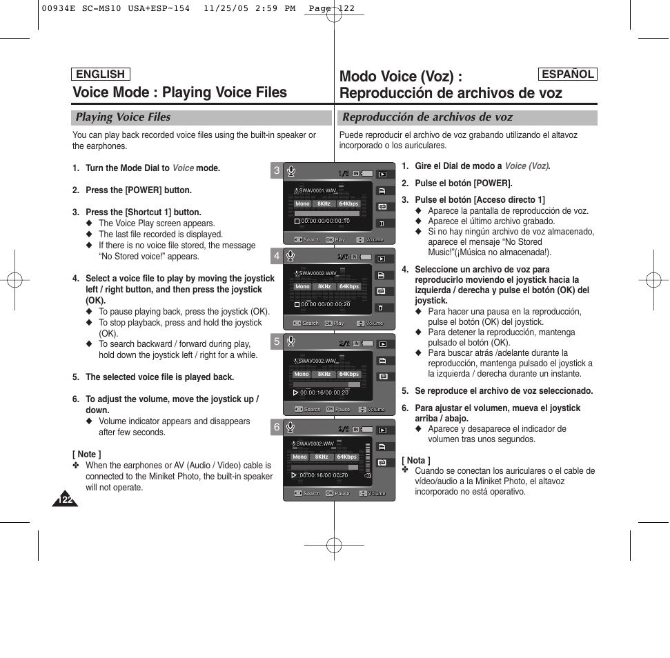 Modo voice (voz) : reproducción de archivos de voz, Voice mode : playing voice files, Reproducción de archivos de voz | Playing voice files, English español | Samsung HMX-S10BN-XAC User Manual | Page 122 / 156