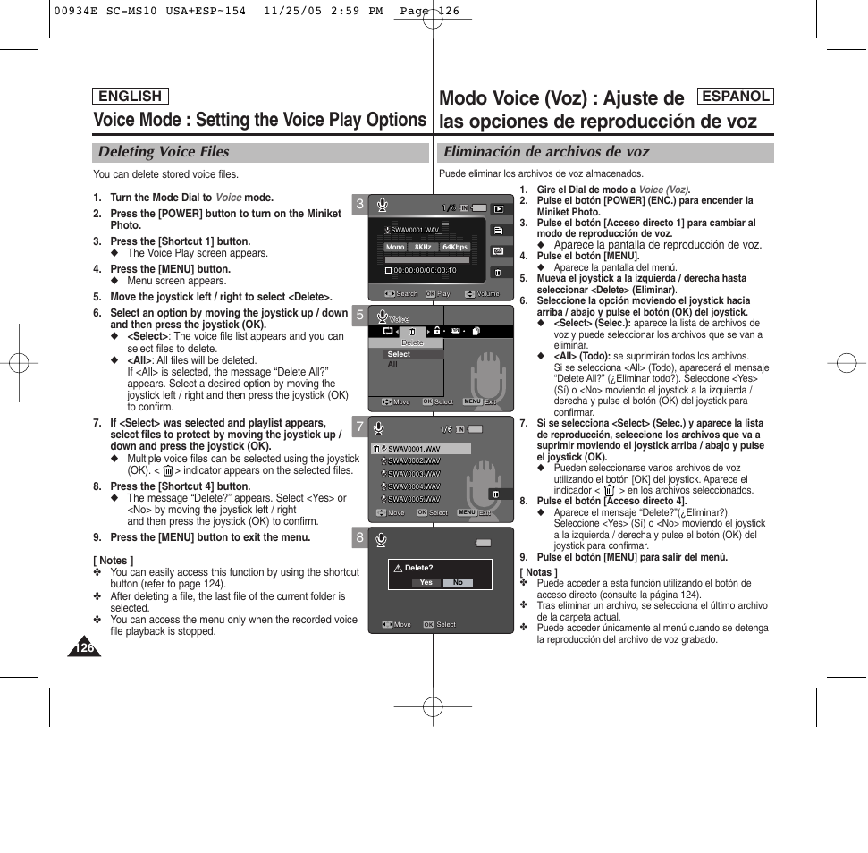 Voice mode : setting the voice play options, Eliminación de archivos de voz, Deleting voice files | English español, Aparece la pantalla de reproducción de voz | Samsung HMX-S10BN-XAC User Manual | Page 126 / 156