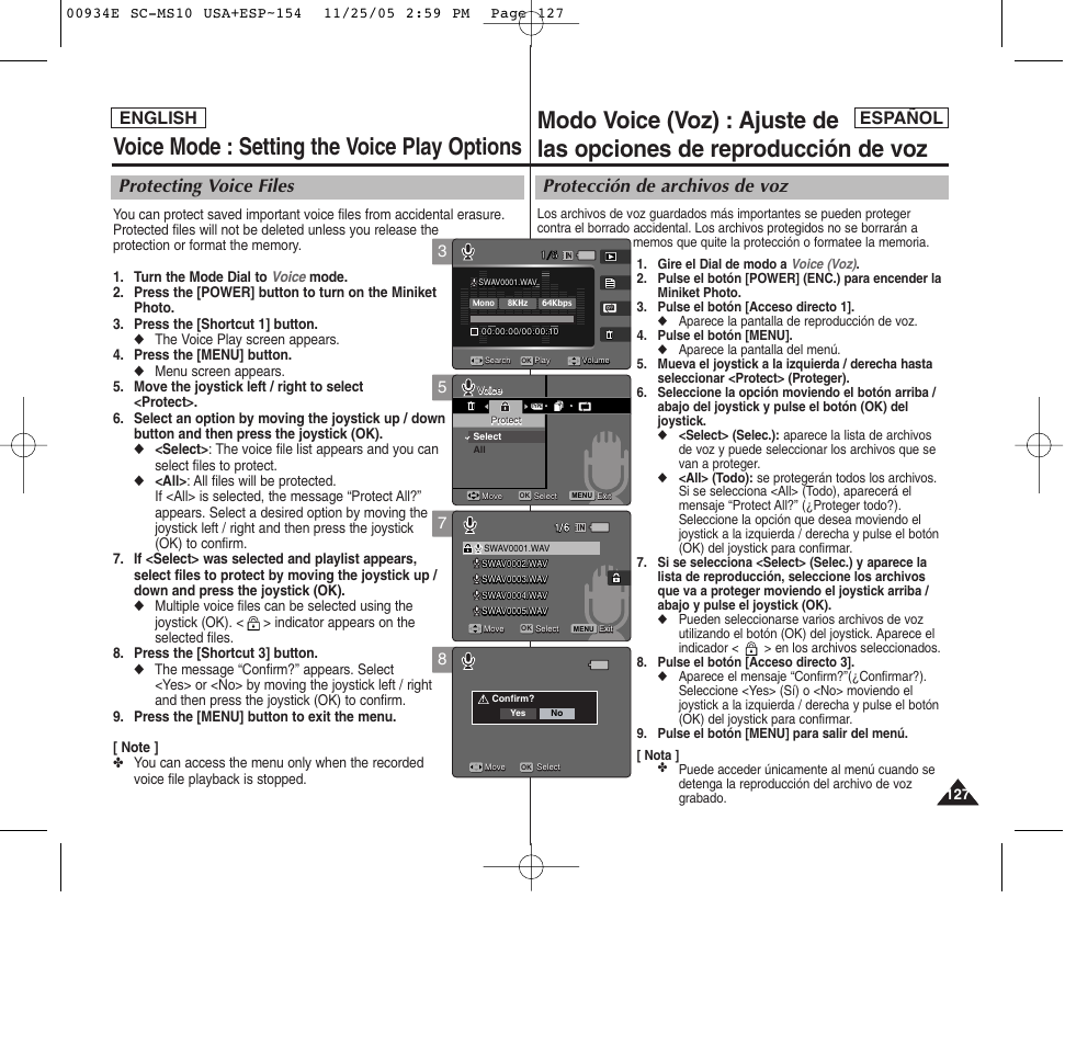 Voice mode : setting the voice play options, Protección de archivos de voz, Protecting voice files | Español english | Samsung HMX-S10BN-XAC User Manual | Page 127 / 156