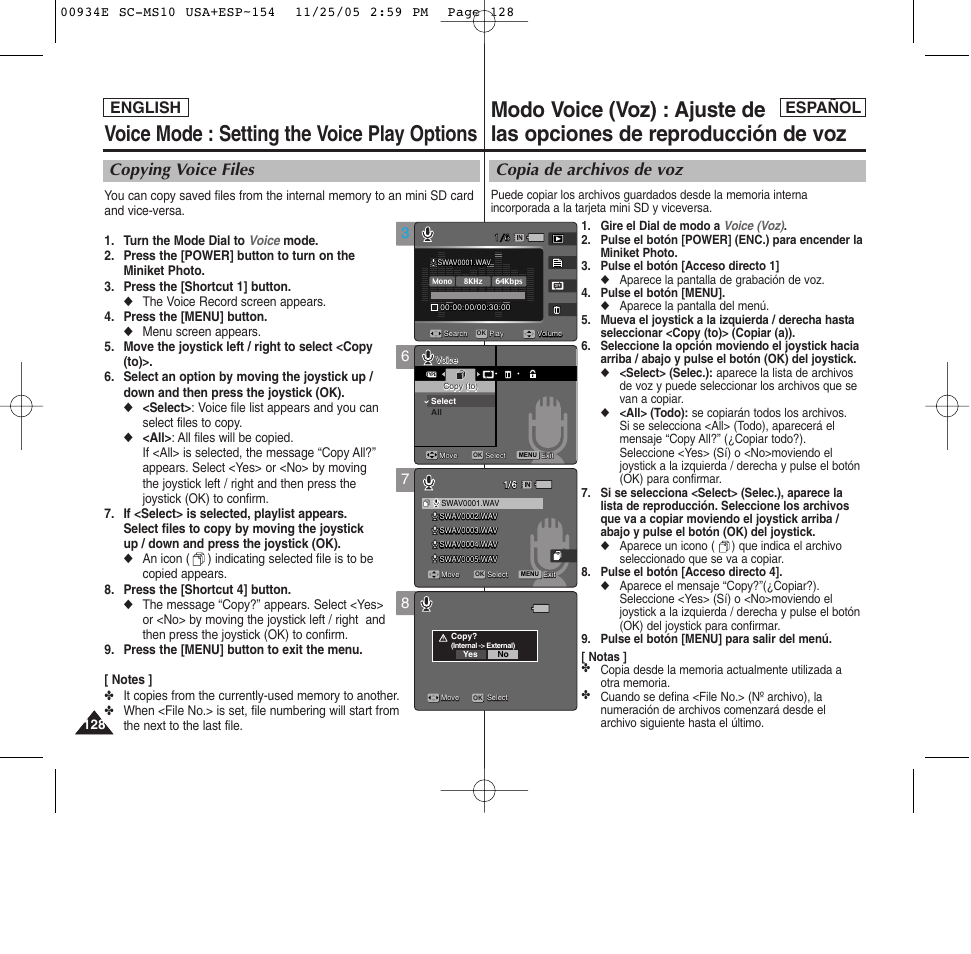 Voice mode : setting the voice play options, Copia de archivos de voz, Copying voice files | English español | Samsung HMX-S10BN-XAC User Manual | Page 128 / 156