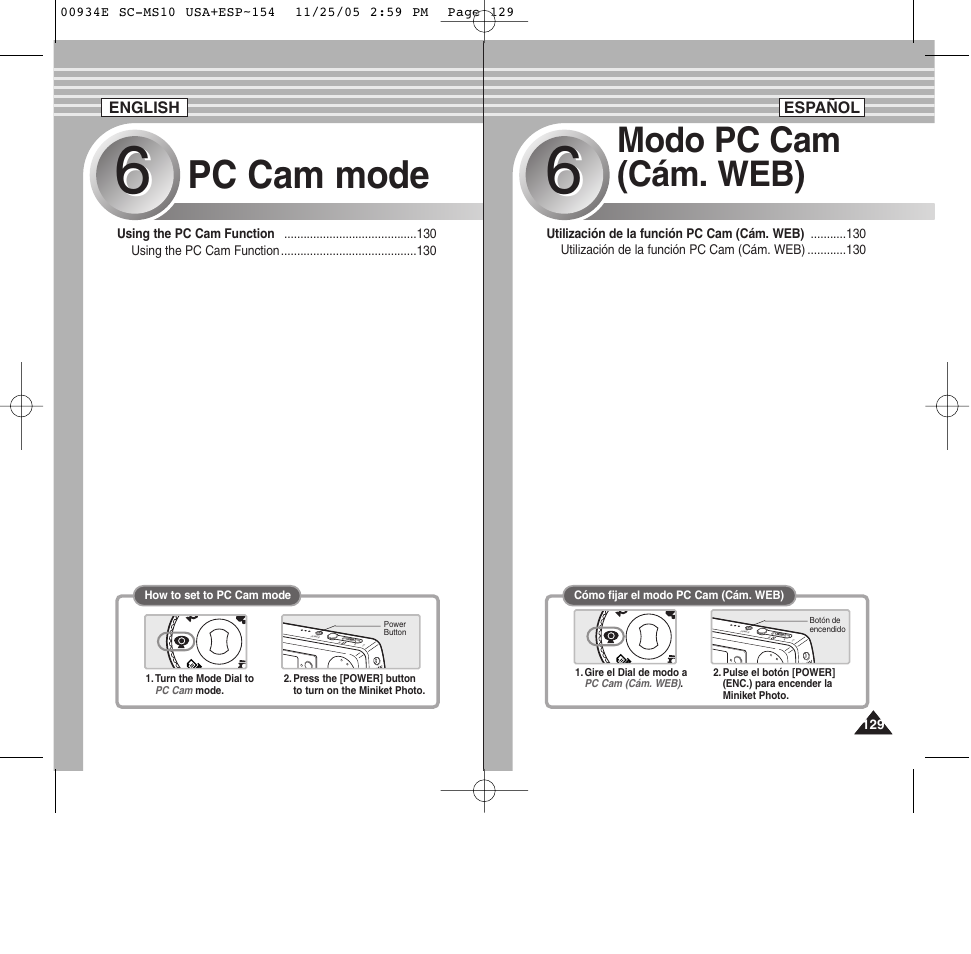 Pc cam mode, Modo pc cam (cám. web) | Samsung HMX-S10BN-XAC User Manual | Page 129 / 156