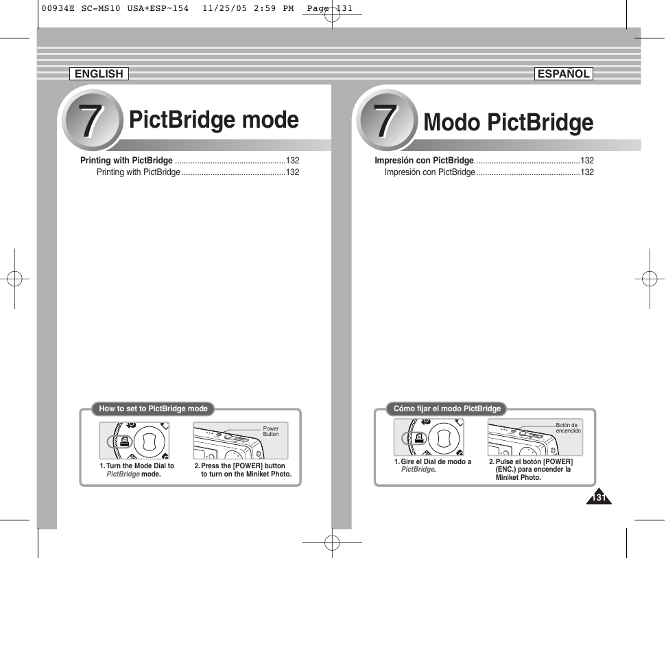 Pictbridge mode, Modo pictbridge | Samsung HMX-S10BN-XAC User Manual | Page 131 / 156