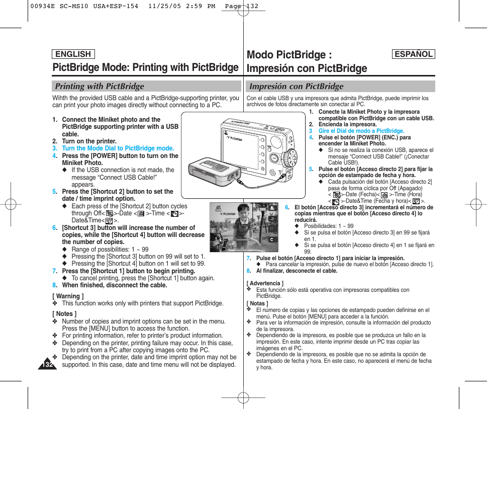 Modo pictbridge : impresión con pictbridge, Pictbridge mode: printing with pictbridge, Impresión con pictbridge | Printing with pictbridge | Samsung HMX-S10BN-XAC User Manual | Page 132 / 156