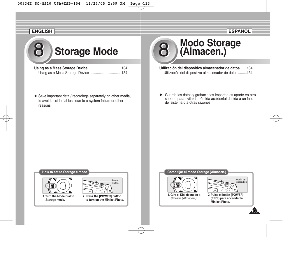 Storage mode, Modo storage (almacen.) | Samsung HMX-S10BN-XAC User Manual | Page 133 / 156