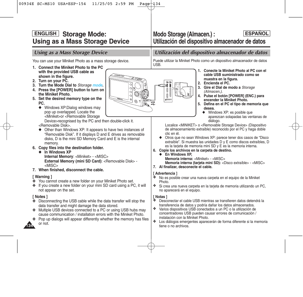 Storage mode: using as a mass storage device | Samsung HMX-S10BN-XAC User Manual | Page 134 / 156