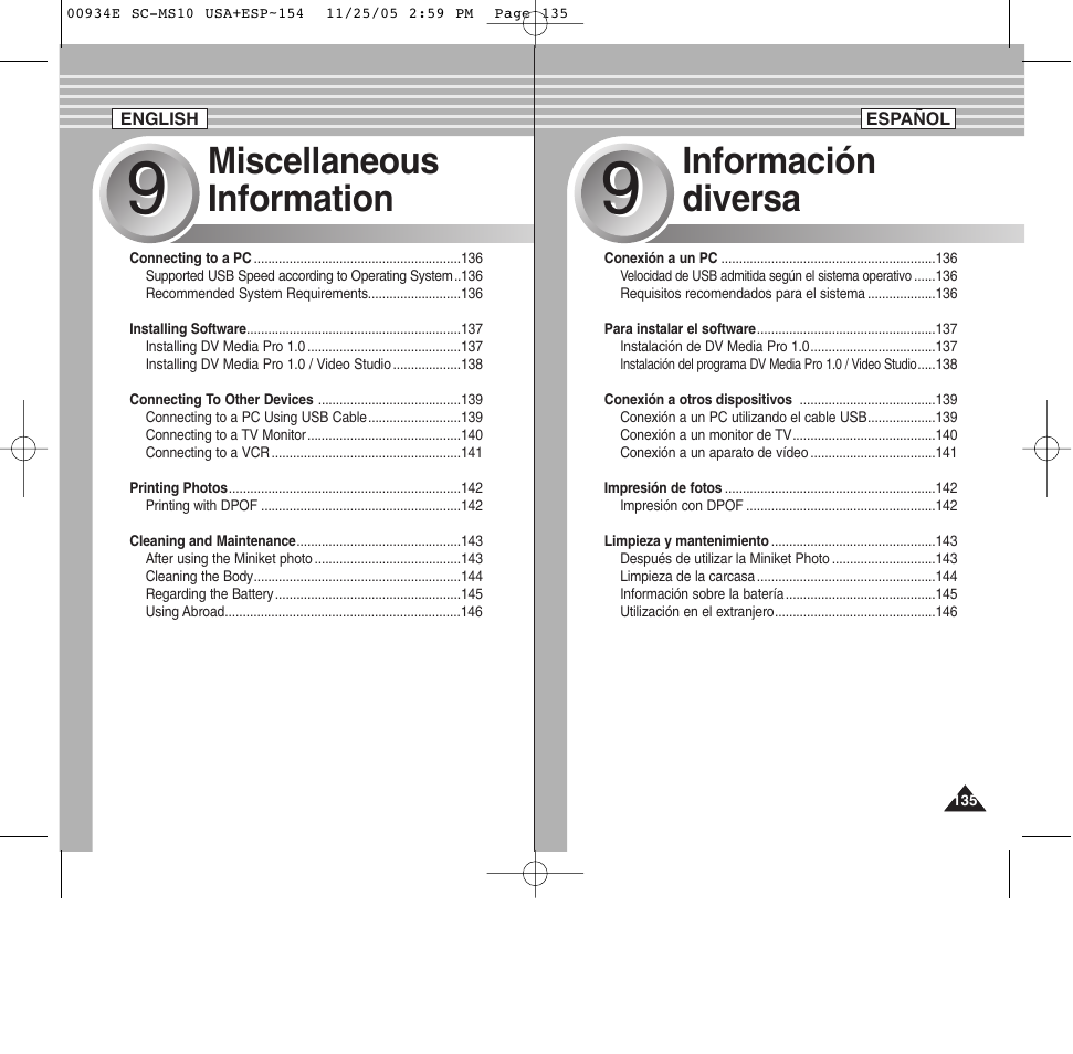 Miscellaneous information, Información diversa | Samsung HMX-S10BN-XAC User Manual | Page 135 / 156