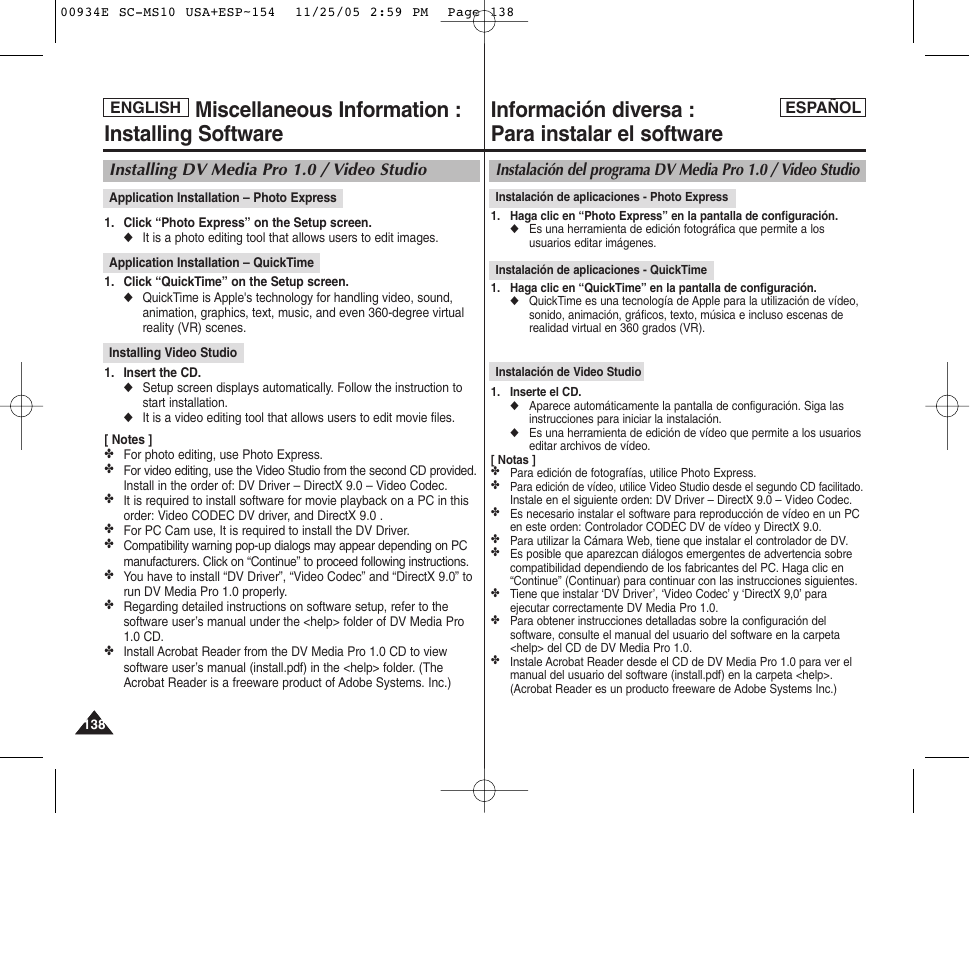 Información diversa : para instalar el software, Miscellaneous information : installing software | Samsung HMX-S10BN-XAC User Manual | Page 138 / 156