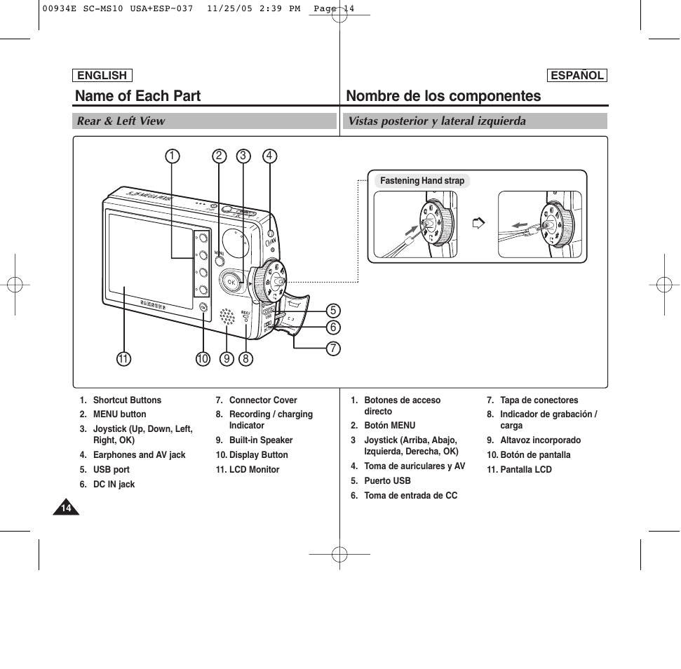 Name of each part, Nombre de los componentes | Samsung HMX-S10BN-XAC User Manual | Page 14 / 156