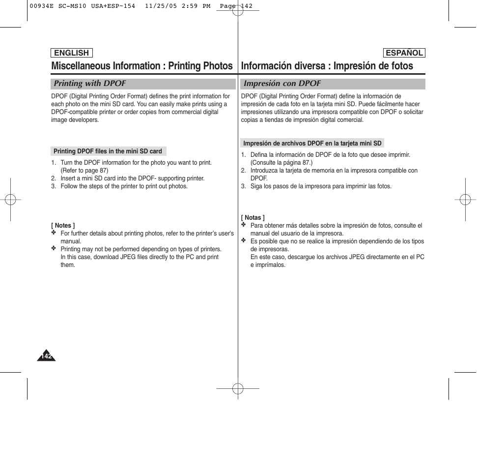 Información diversa : impresión de fotos, Miscellaneous information : printing photos | Samsung HMX-S10BN-XAC User Manual | Page 142 / 156