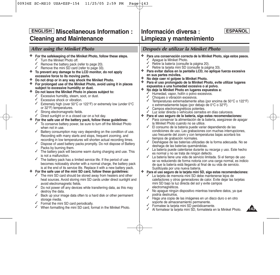 Información diversa : limpieza y mantenimiento, Después de utilizar la miniket photo, After using the miniket photo | Samsung HMX-S10BN-XAC User Manual | Page 143 / 156