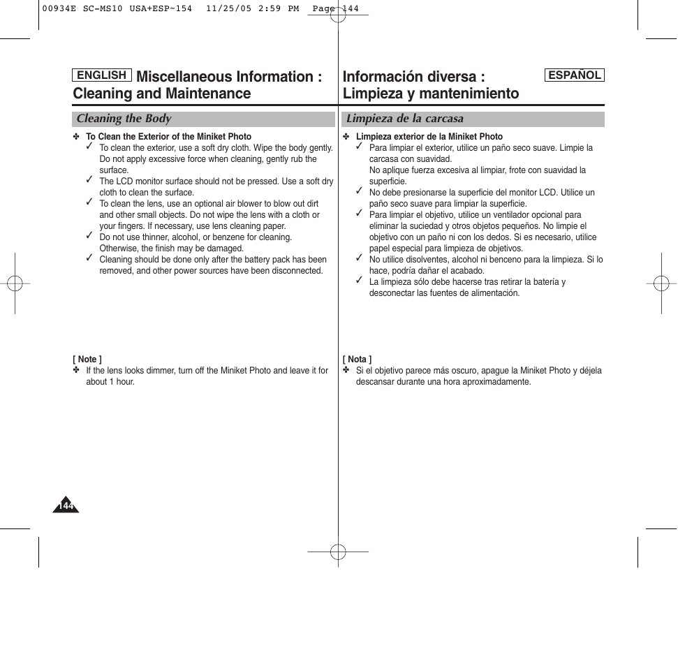 Información diversa : limpieza y mantenimiento | Samsung HMX-S10BN-XAC User Manual | Page 144 / 156