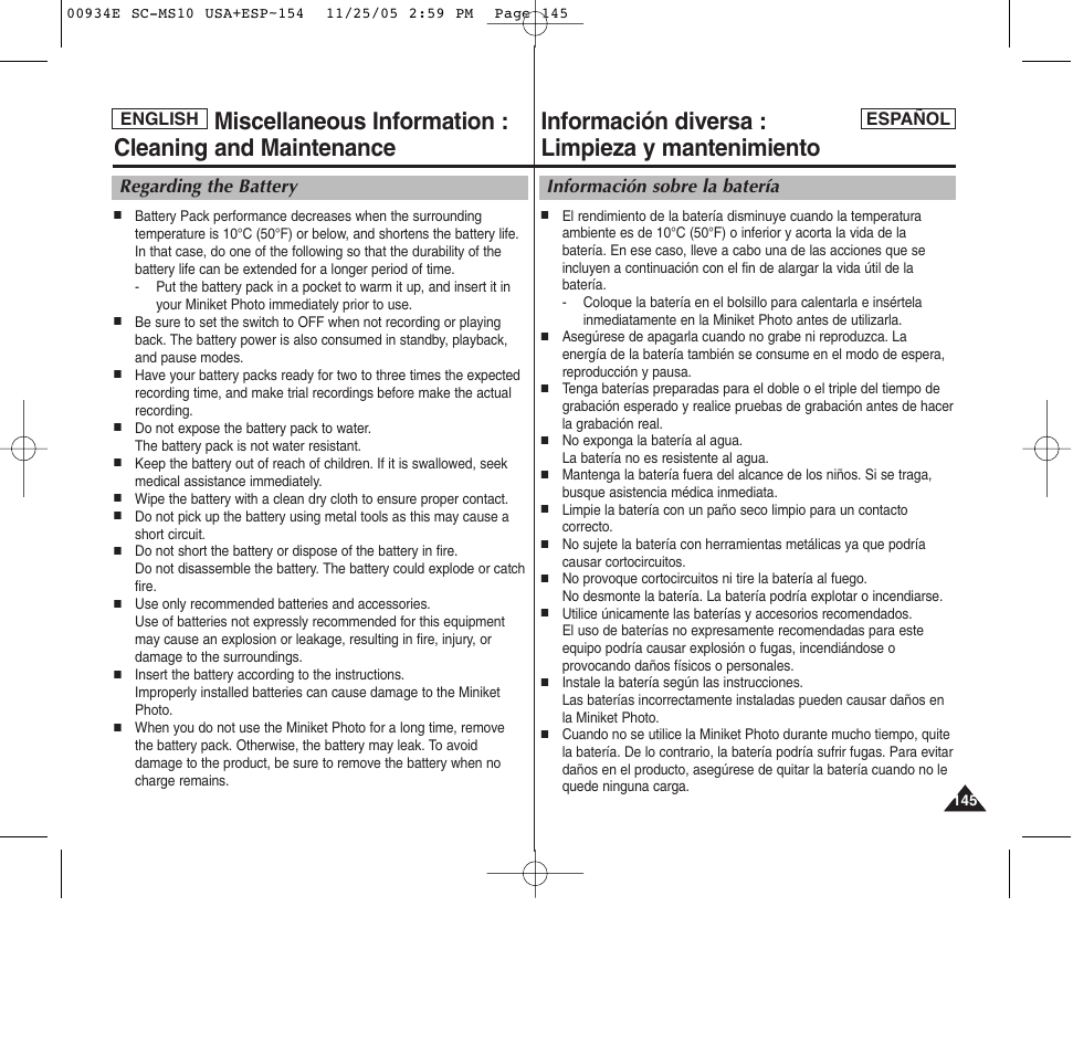 Información diversa : limpieza y mantenimiento, Información sobre la batería, Regarding the battery | Samsung HMX-S10BN-XAC User Manual | Page 145 / 156