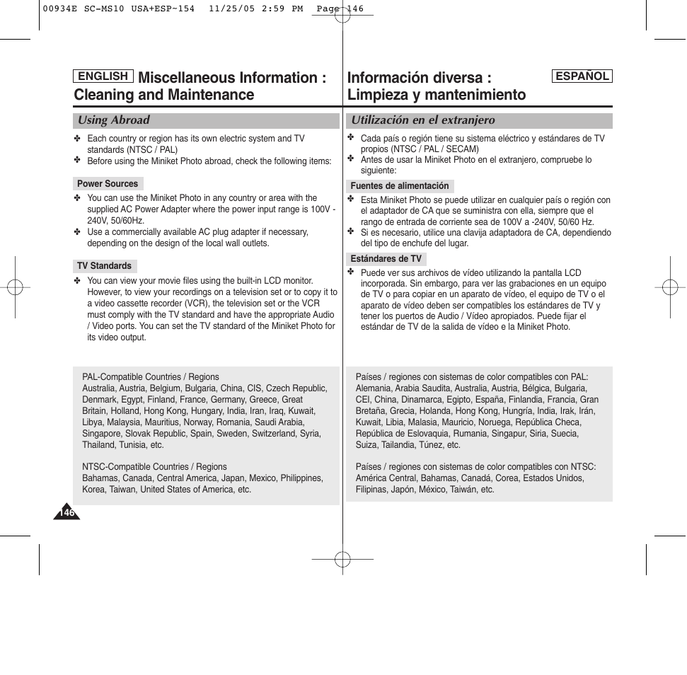 Información diversa : limpieza y mantenimiento | Samsung HMX-S10BN-XAC User Manual | Page 146 / 156