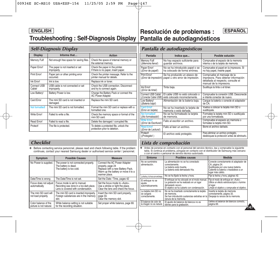 Troubleshooting : self-diagnosis display, Pantalla de autodiagnósticos lista de comprobación, Self-diagnosis display checklist | Español english | Samsung HMX-S10BN-XAC User Manual | Page 147 / 156