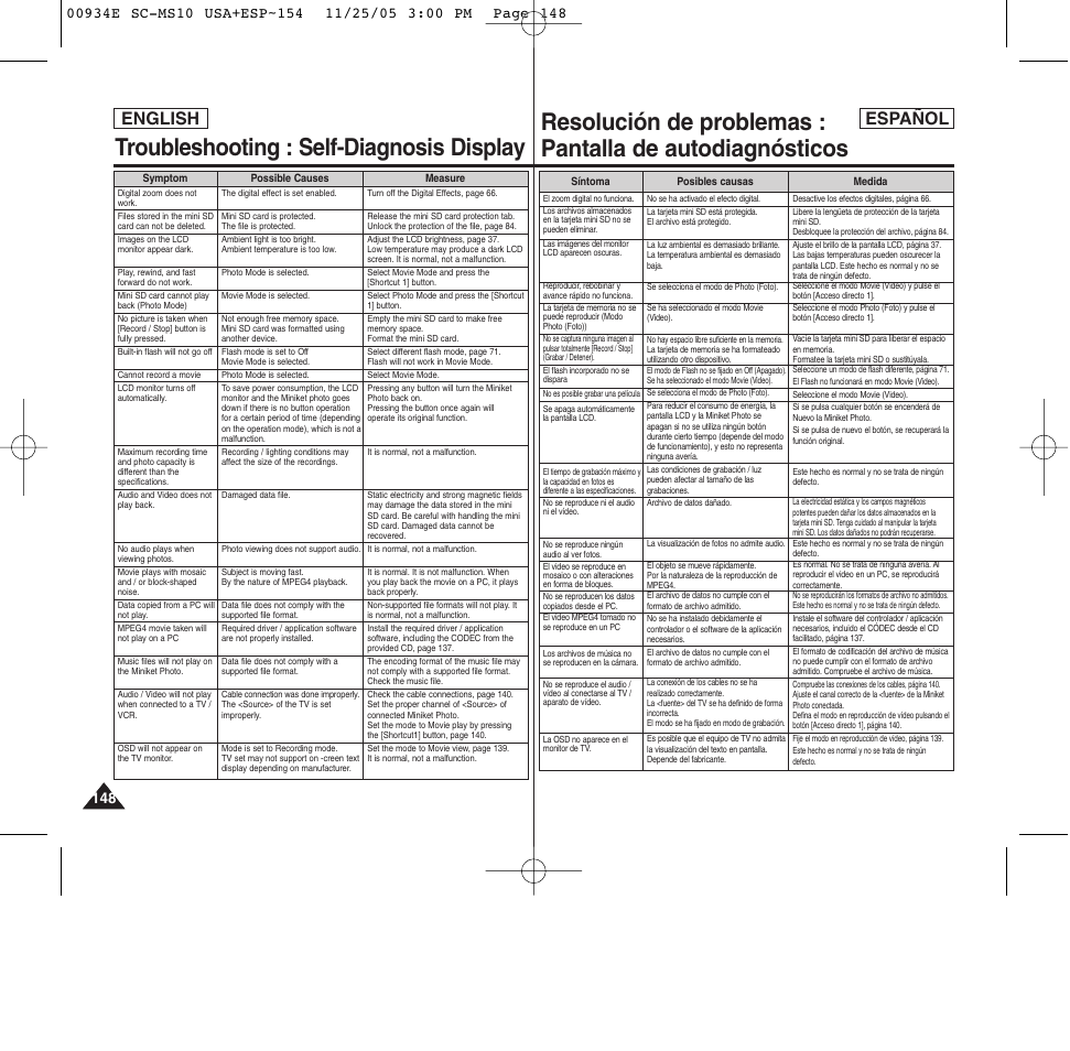 Troubleshooting : self-diagnosis display, English español | Samsung HMX-S10BN-XAC User Manual | Page 148 / 156