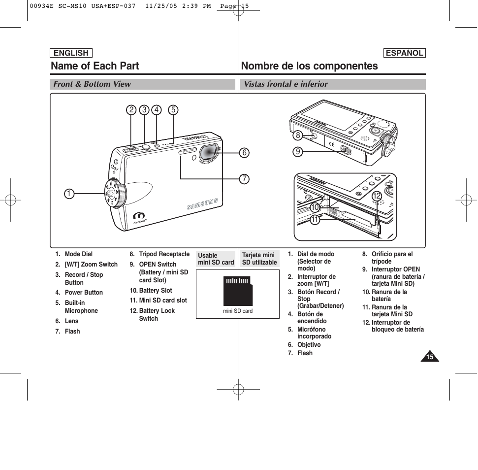 Name of each part, Nombre de los componentes | Samsung HMX-S10BN-XAC User Manual | Page 15 / 156