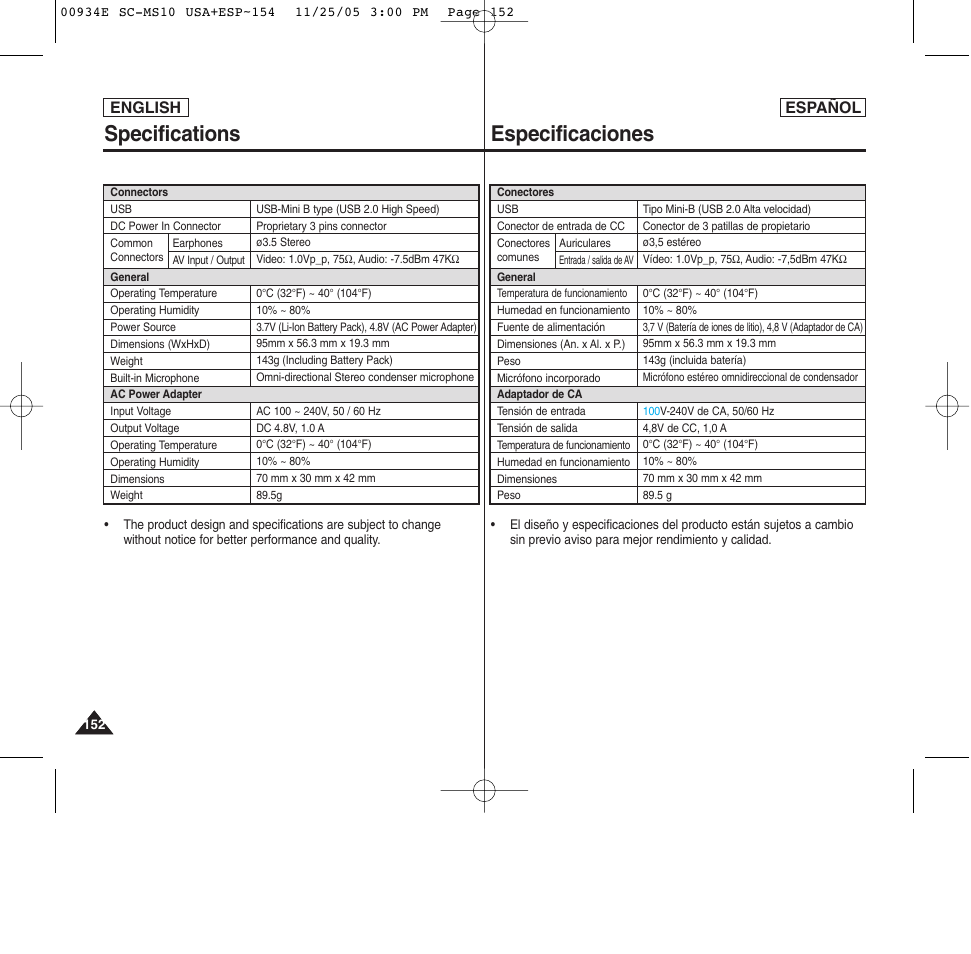 Especificaciones, Specifications, English español | Samsung HMX-S10BN-XAC User Manual | Page 152 / 156