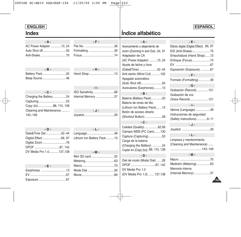 Índice alfabético, Index | Samsung HMX-S10BN-XAC User Manual | Page 153 / 156