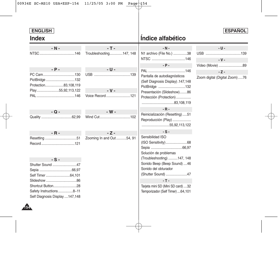 Índice alfabético, Index | Samsung HMX-S10BN-XAC User Manual | Page 154 / 156