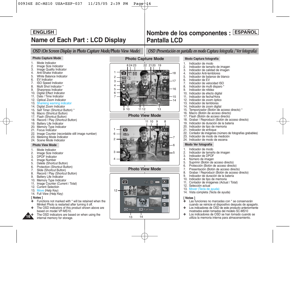 Nombre de los componentes : pantalla lcd, Name of each part : lcd display, English español | Samsung HMX-S10BN-XAC User Manual | Page 16 / 156