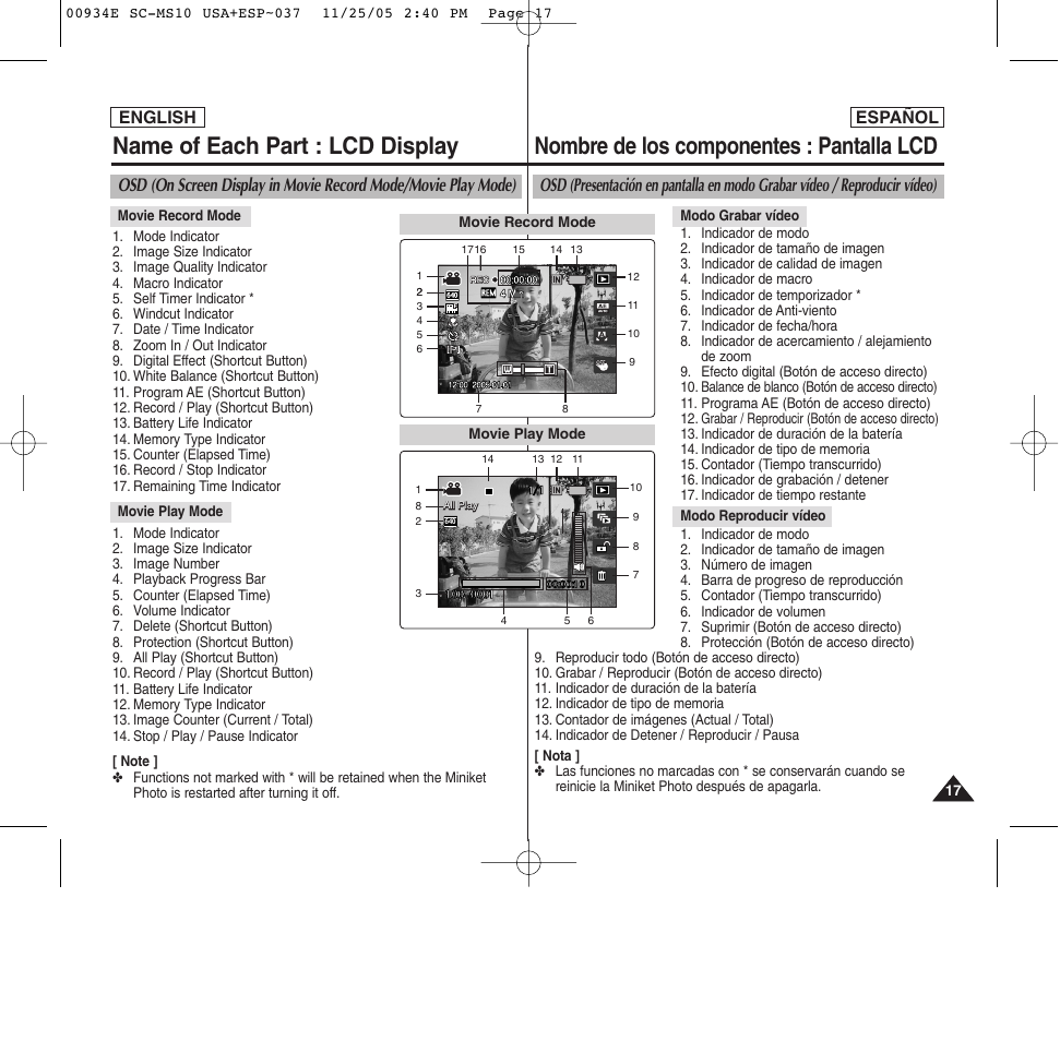 Nombre de los componentes : pantalla lcd, Name of each part : lcd display, Español | English | Samsung HMX-S10BN-XAC User Manual | Page 17 / 156