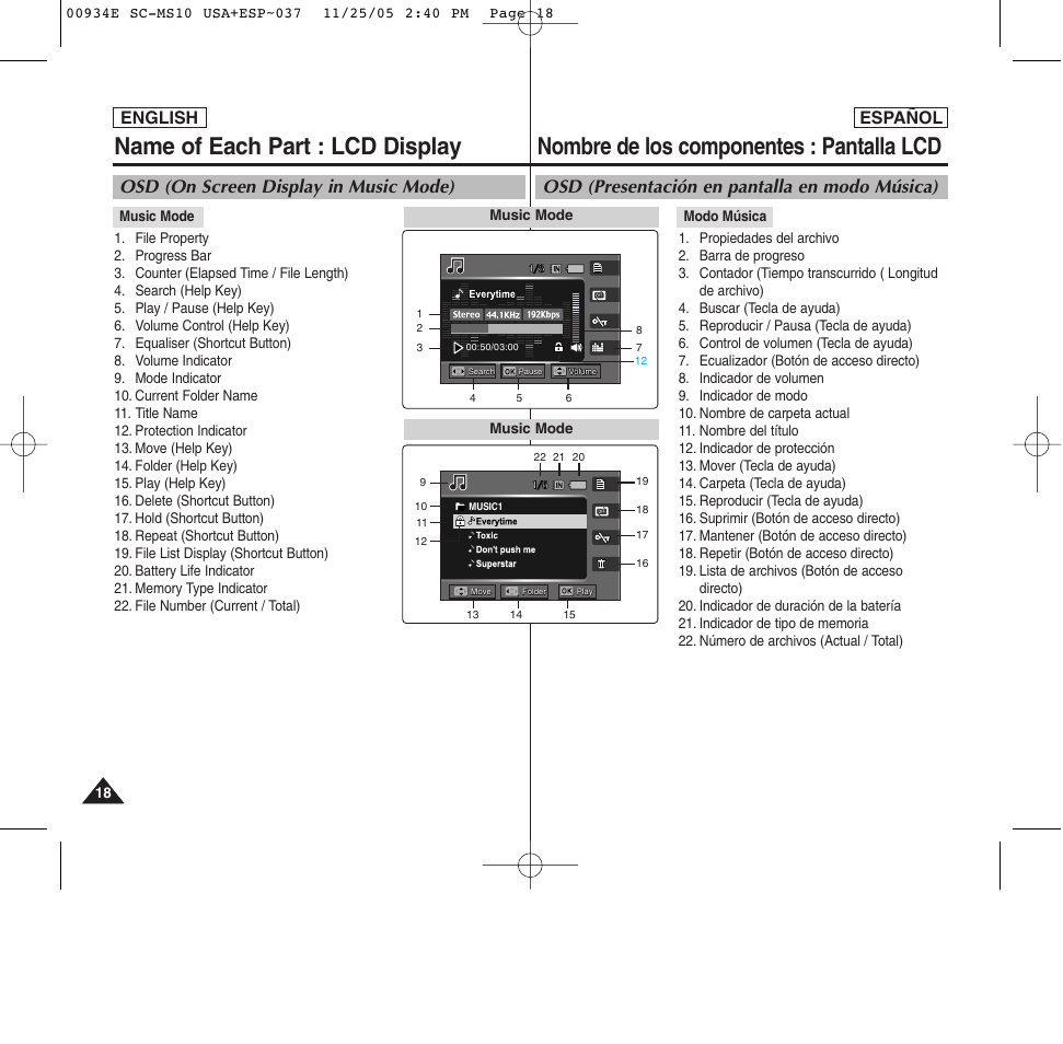 Nombre de los componentes : pantalla lcd, Name of each part : lcd display, Osd (presentación en pantalla en modo música) | Osd (on screen display in music mode), English español | Samsung HMX-S10BN-XAC User Manual | Page 18 / 156