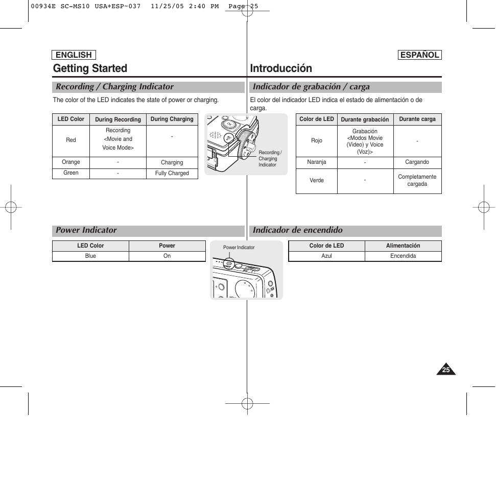 Introducción, Getting started, Recording / charging indicator power indicator | Samsung HMX-S10BN-XAC User Manual | Page 25 / 156