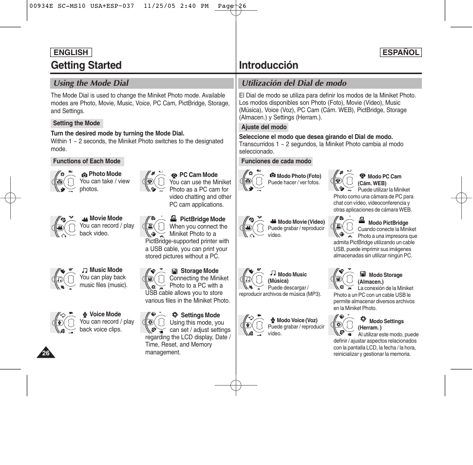 Introducción, Getting started | Samsung HMX-S10BN-XAC User Manual | Page 26 / 156