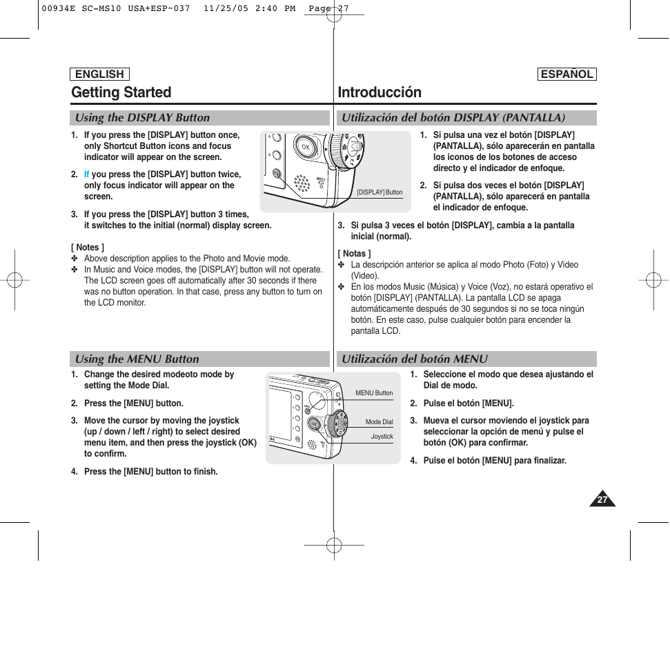 Introducción, Getting started | Samsung HMX-S10BN-XAC User Manual | Page 27 / 156