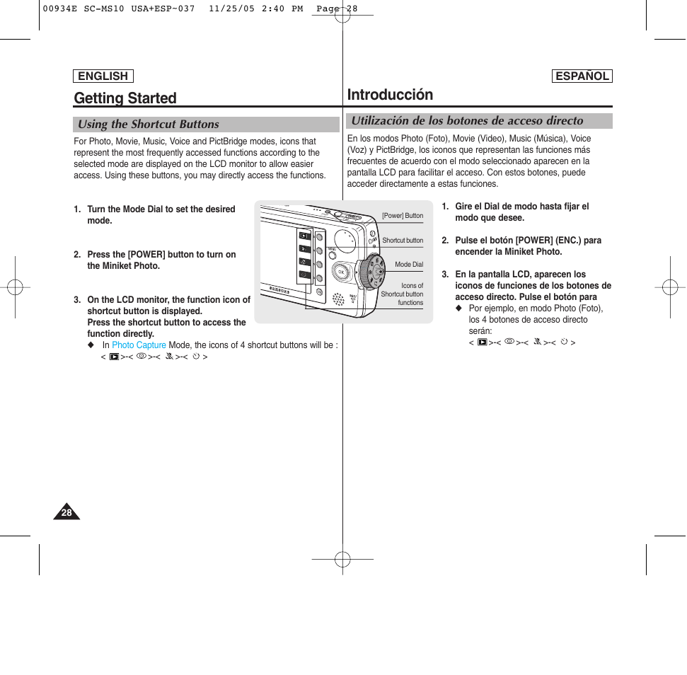 Introducción, Getting started, Utilización de los botones de acceso directo | Using the shortcut buttons | Samsung HMX-S10BN-XAC User Manual | Page 28 / 156