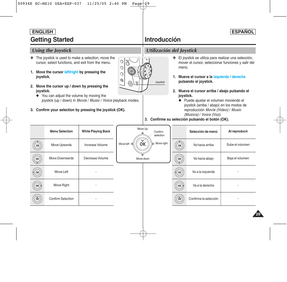 Getting started, Introducción, Using the joystick | Utilización del joystick | Samsung HMX-S10BN-XAC User Manual | Page 29 / 156