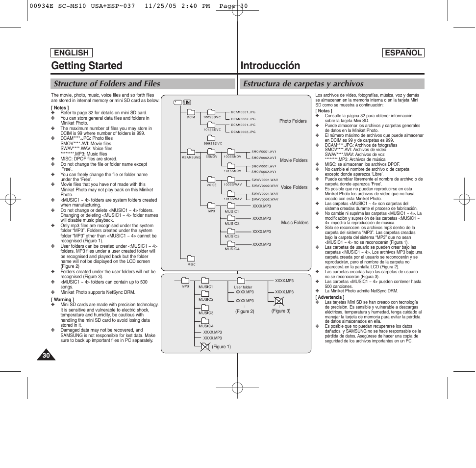 Introducción, Getting started, Estructura de carpetas y archivos | Structure of folders and files, English español | Samsung HMX-S10BN-XAC User Manual | Page 30 / 156