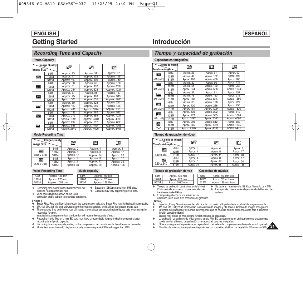 Introducción, Getting started, Tiempo y capacidad de grabación | Recording time and capacity, Español, English | Samsung HMX-S10BN-XAC User Manual | Page 31 / 156