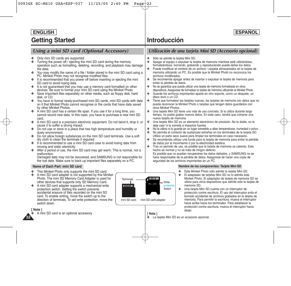 Introducción, Getting started, Using a mini sd card (optional accessory) | English español | Samsung HMX-S10BN-XAC User Manual | Page 32 / 156