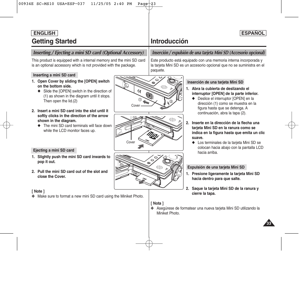 Introducción, Getting started | Samsung HMX-S10BN-XAC User Manual | Page 33 / 156