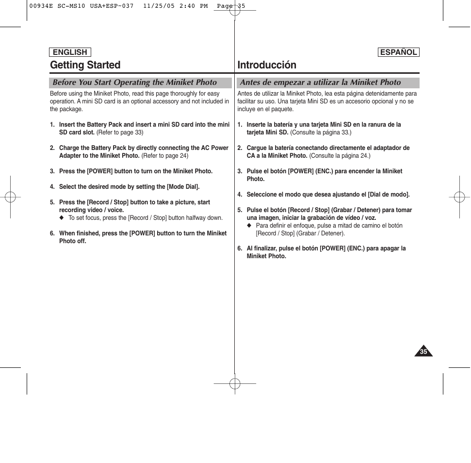 Introducción, Getting started | Samsung HMX-S10BN-XAC User Manual | Page 35 / 156