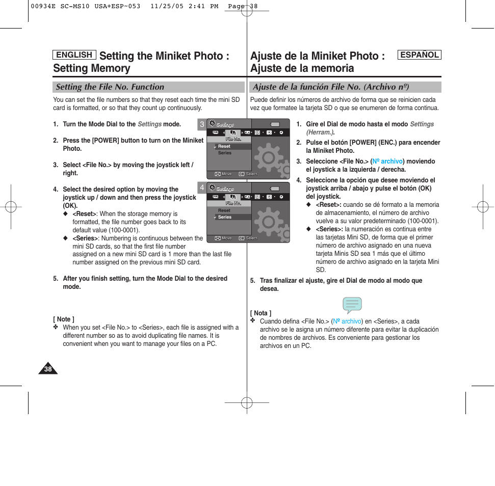 Ajuste de la función file no. (archivo nº), Setting the file no. function | Samsung HMX-S10BN-XAC User Manual | Page 38 / 156