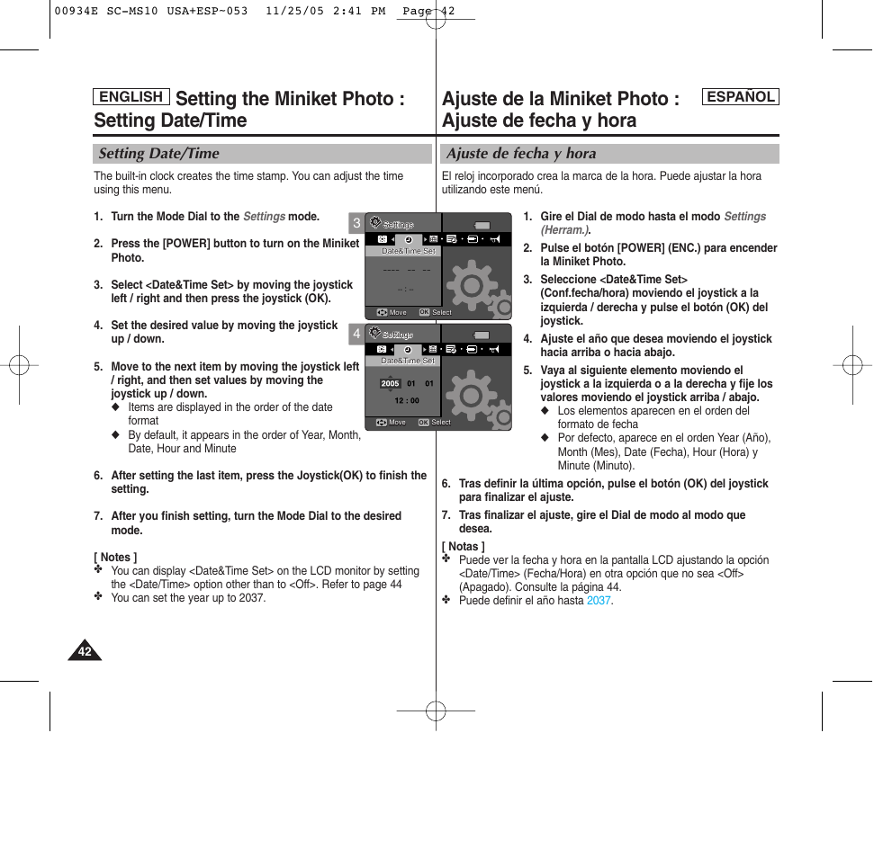 Setting the miniket photo : setting date/time, Ajuste de fecha y hora, Setting date/time | English español | Samsung HMX-S10BN-XAC User Manual | Page 42 / 156