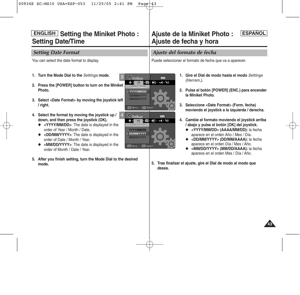 Setting the miniket photo : setting date/time, Ajuste del formato de fecha, Setting date format | Español, English | Samsung HMX-S10BN-XAC User Manual | Page 43 / 156