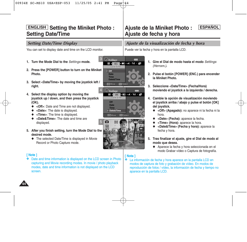 Setting the miniket photo : setting date/time, Ajuste de la visualización de fecha y hora, Setting date/time display | English español | Samsung HMX-S10BN-XAC User Manual | Page 44 / 156