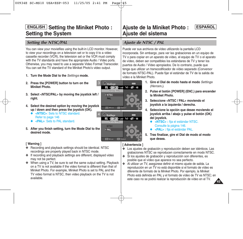 Ajuste de la miniket photo : ajuste del sistema, Setting the miniket photo : setting the system, Ajuste de ntsc / pal | Setting the ntsc/pal | Samsung HMX-S10BN-XAC User Manual | Page 45 / 156