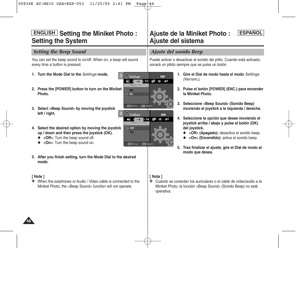 Ajuste de la miniket photo : ajuste del sistema, Setting the miniket photo : setting the system, Ajuste del sonido beep | Setting the beep sound, English español | Samsung HMX-S10BN-XAC User Manual | Page 46 / 156