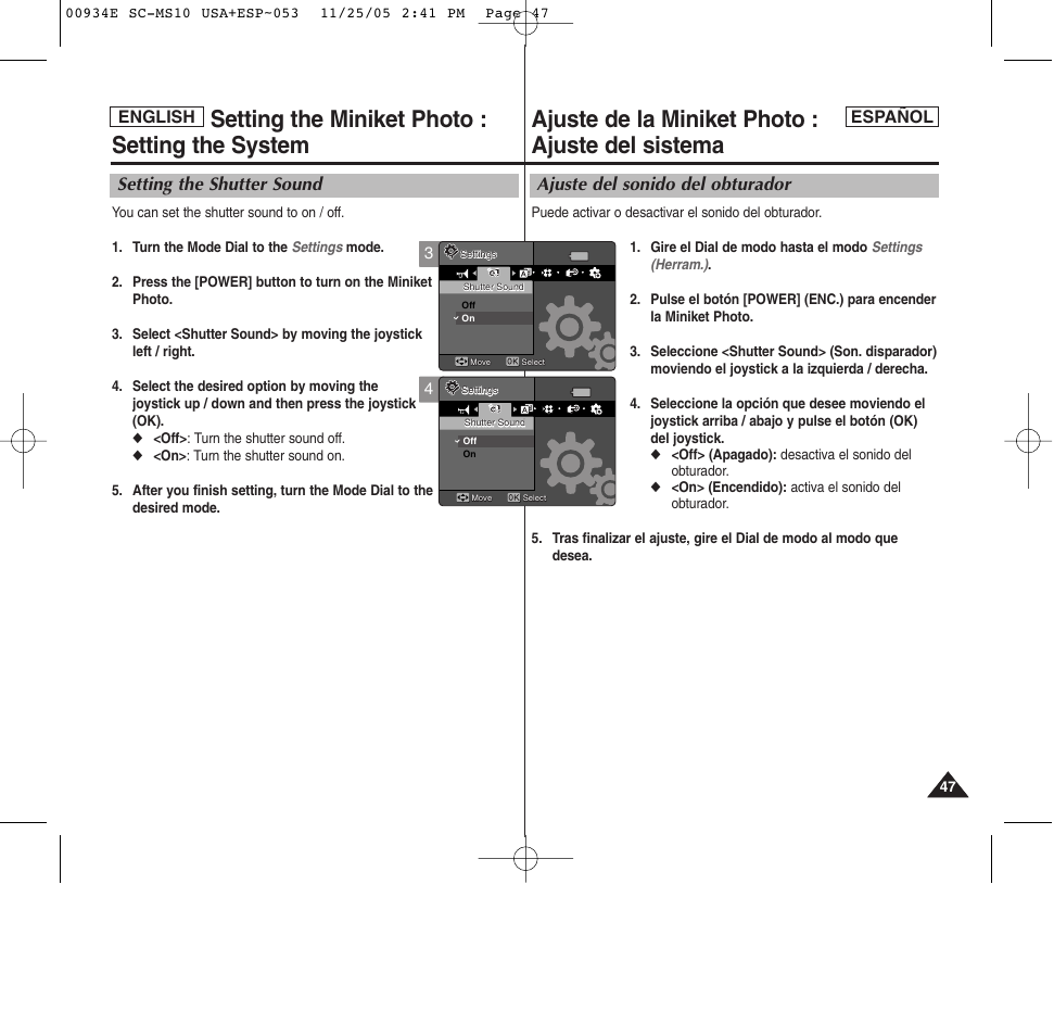 Ajuste de la miniket photo : ajuste del sistema, Setting the miniket photo : setting the system, Ajuste del sonido del obturador | Setting the shutter sound, Español, English | Samsung HMX-S10BN-XAC User Manual | Page 47 / 156