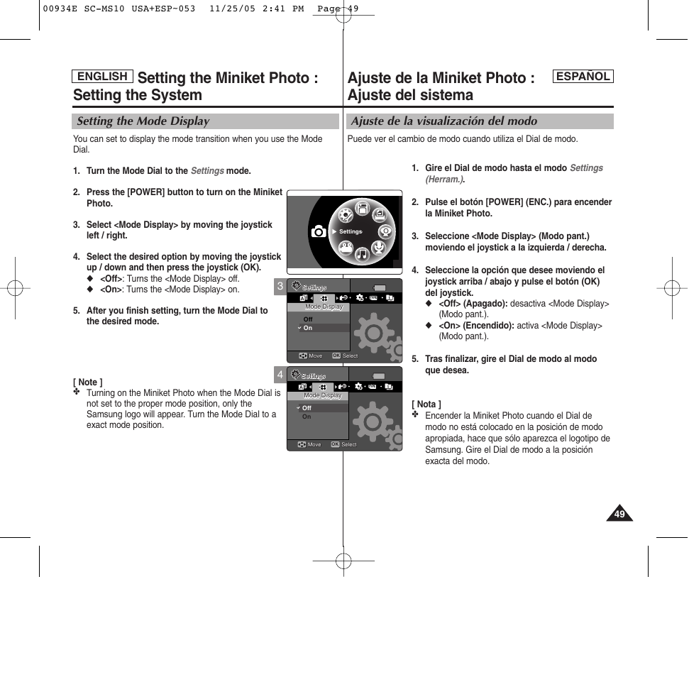 Ajuste de la miniket photo : ajuste del sistema, Setting the miniket photo : setting the system, Ajuste de la visualización del modo | Setting the mode display, Español, English | Samsung HMX-S10BN-XAC User Manual | Page 49 / 156