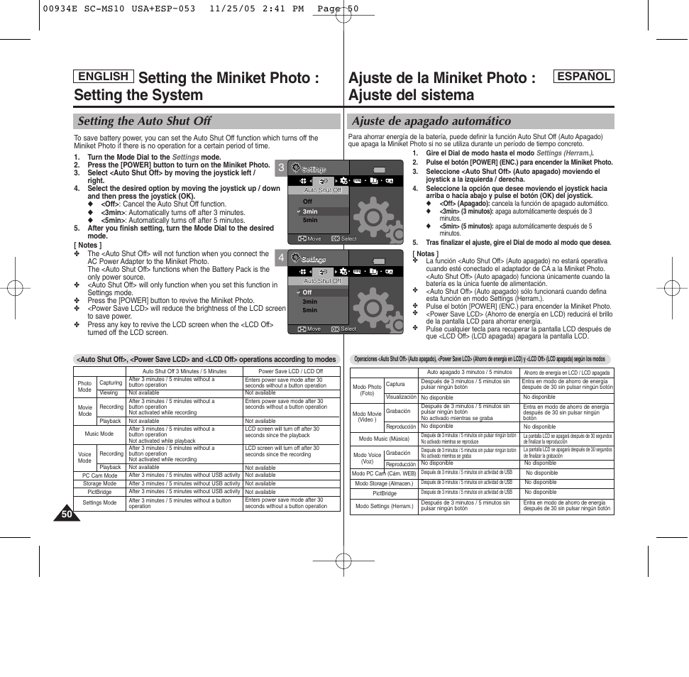 Ajuste de la miniket photo : ajuste del sistema, Setting the miniket photo : setting the system, Ajuste de apagado automático | Setting the auto shut off, English español | Samsung HMX-S10BN-XAC User Manual | Page 50 / 156