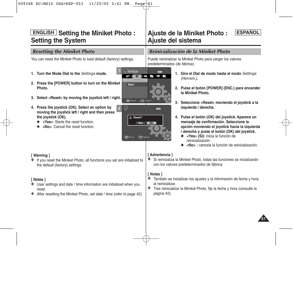 Ajuste de la miniket photo : ajuste del sistema, Setting the miniket photo : setting the system, Reinicialización de la miniket photo | Resetting the miniket photo, Español, English | Samsung HMX-S10BN-XAC User Manual | Page 51 / 156