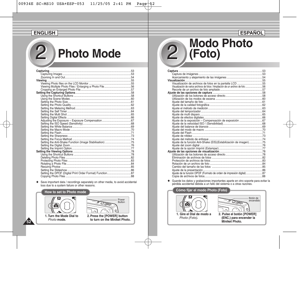 Photo mode, Modo photo (foto) | Samsung HMX-S10BN-XAC User Manual | Page 52 / 156