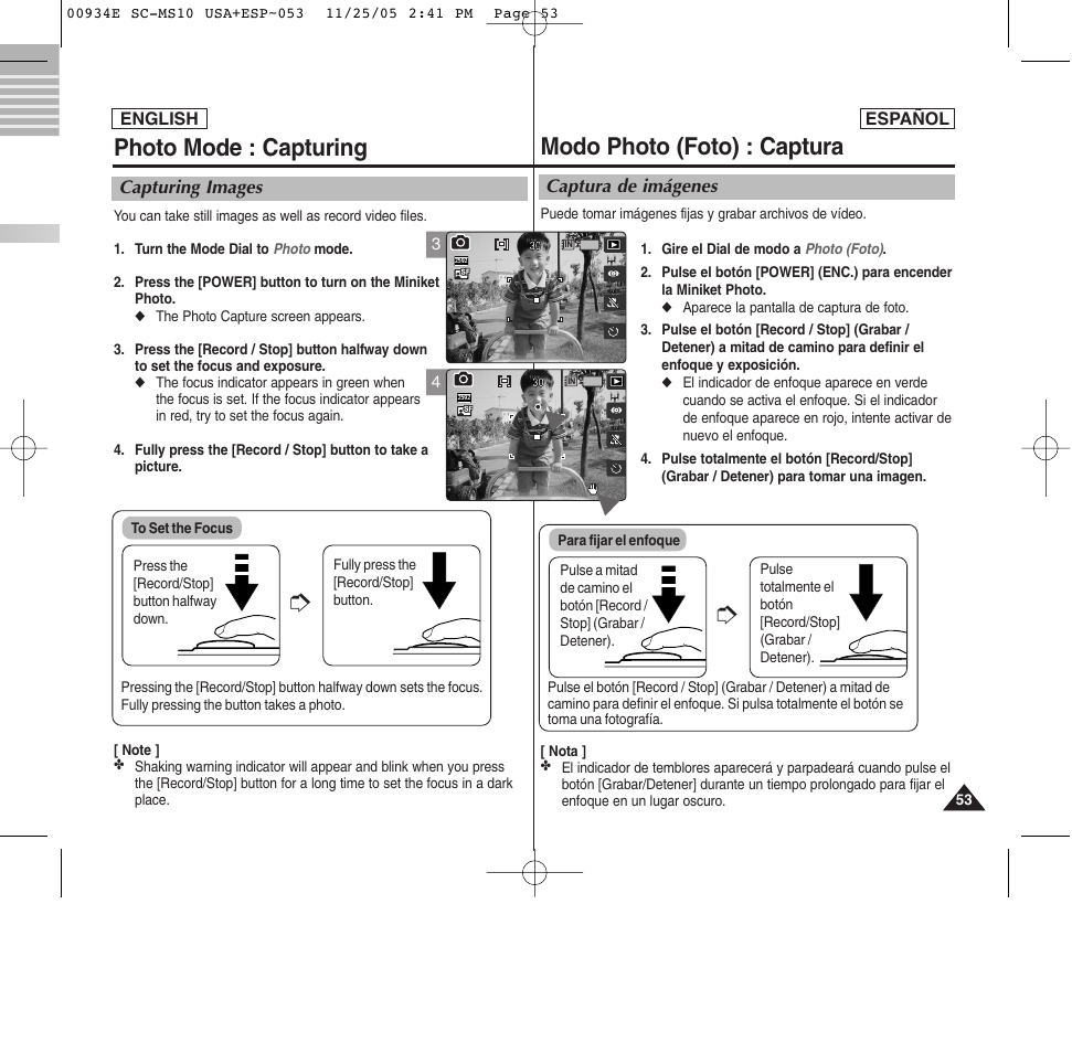 Modo photo (foto) : captura, Photo mode : capturing | Samsung HMX-S10BN-XAC User Manual | Page 53 / 156