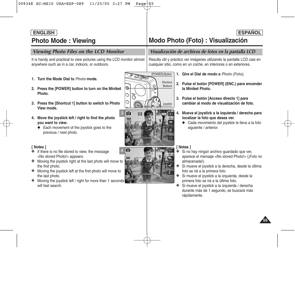 Modo photo (foto) : visualización, Photo mode : viewing, Viewing photo files on the lcd monitor | Samsung HMX-S10BN-XAC User Manual | Page 55 / 156